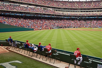 Baseball: Aerial rear view of Texas Rangers bullpen during game vs Toronto Blue Jays at Globe Life Park in Arlington. Arlington, TX 5/15/2016 CREDIT: Greg Nelson (Photo by Greg Nelson /Sports Illustrated/Getty Images) (Set Number: SI384 TK1 )